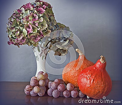 Pumkins,grapes and Hydrangea flowers Stock Photo