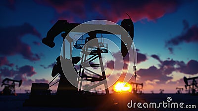 Pump jack industrial machine for petroleum in the sunrise. Silhouette of a pump jack pumping oil against a red sky. 3D Stock Photo