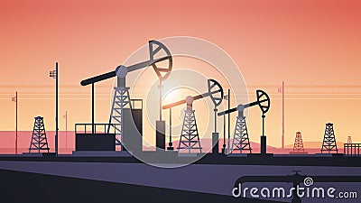 Pump jack petroleum production trade oil industry concept pumps industrial equipment drilling rig sunset background Vector Illustration