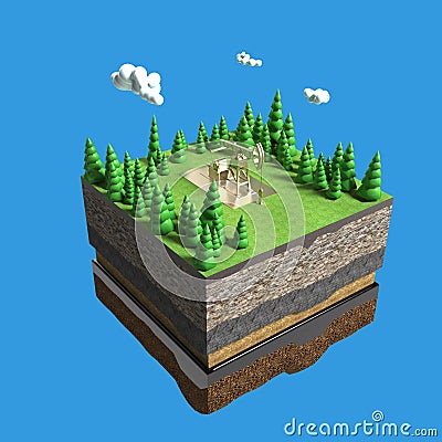 pump jack on small slice earth with trees, clouds, layers soil stone and oil. gas rig energy industrial machine for petroleum. Stock Photo