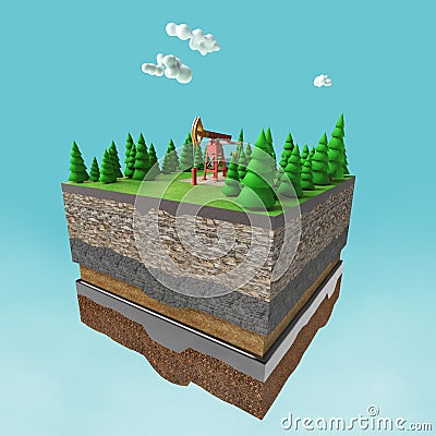 pump jack on small slice earth with trees, clouds, layers soil stone and oil. gas rig energy industrial machine for petroleum. Stock Photo