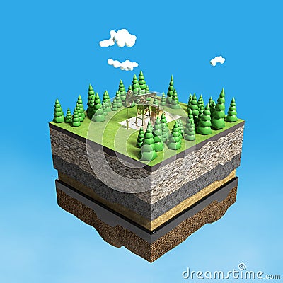 pump jack on small slice earth with trees, clouds, layers soil stone and oil. gas rig energy industrial machine for petroleum. Stock Photo