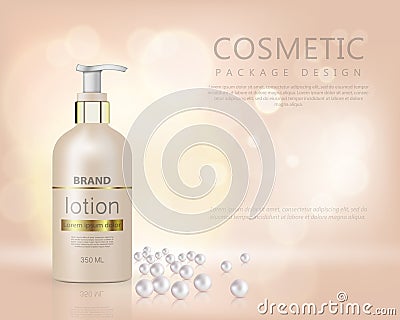 Pump top bottle with organic cosmetic lotion and gold cap decorated with scattering of pearls and glare background realistic Vector Illustration