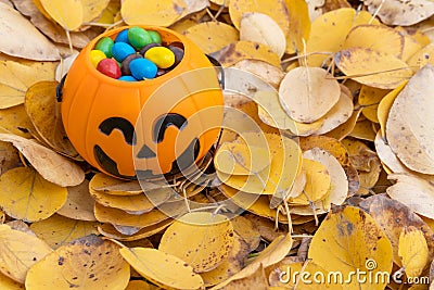 Pumpkin basket for Halloween, full of candy on the background of yellow fallen dry autumn leaves. Stock Photo