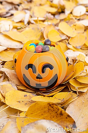 Pumpkin basket for Halloween, full of candy on the background of yellow fallen leaves, vertical frame Stock Photo