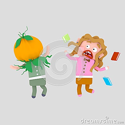 Pumpkin boy scaring girl.3D Cartoon Illustration