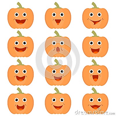 Pumpkin cartoon icons with faces. Set of colored characters. Cute, funny and happy vector illustrations and vegetables. Vector Illustration