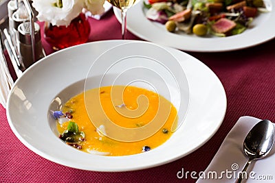 Pumpkin cream seafood soup Stock Photo