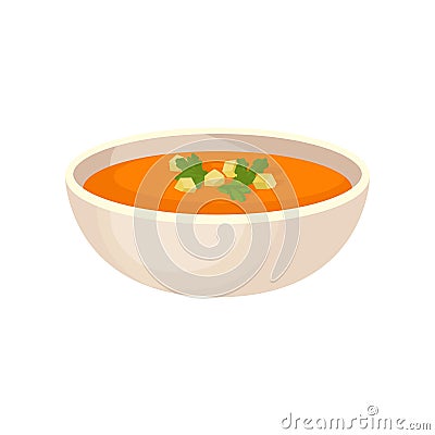Pumpkin cream soup with cream in a bowl, traditional Thanksgiving food vector Illustration on a white background Vector Illustration