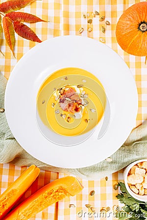 Pumpkin Cream Soup Healthy Autumn Food Bowl Stock Photo