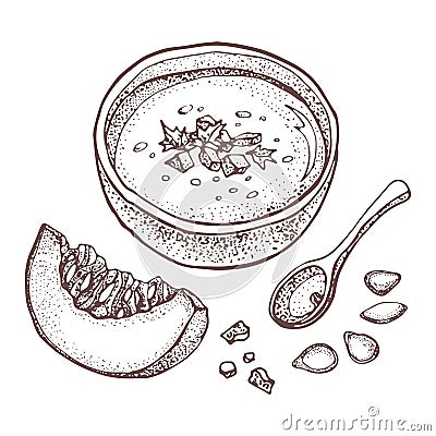 Pumpkin cream soup vector drawing set. Isolated hand drawn bowl of soup, sliced piece of pumpkin and seeds. Vegetable dotty style Vector Illustration