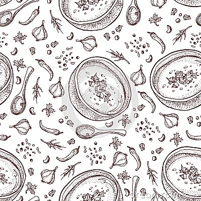 Pumpkin cream soup vector seamless pattern. Isolated hand drawn bowl of soup, spoon, spices, sliced piece of pumpkin and seeds. Vector Illustration