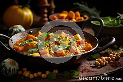 Pumpkin Curry with Chickpeas and Zucchini Stock Photo