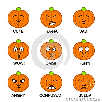 Pumpkin emoji. Funny hand-drawn Halloween face Vector Illustration