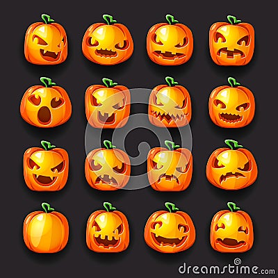 Pumpkin emoji halloween jack o lantern scary faces smile icons set isolated 3d cartoon decoration design vector Vector Illustration