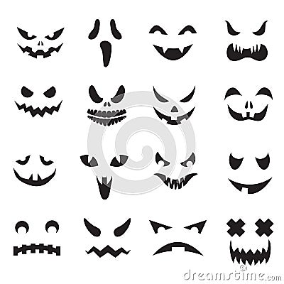 Pumpkin faces. Halloween jack o lantern face silhouettes. Monster ghost carving scary eyes and mouth vector icons set Vector Illustration