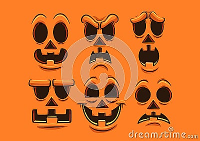 Halloween pumpkin faces with different expressions and emotions Vector Illustration
