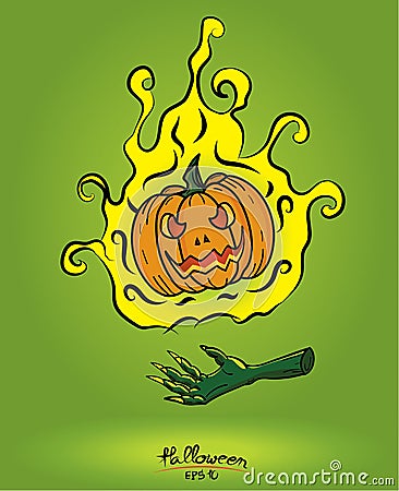 Pumpkin in fire floating on the devil hand on green background,halloween concept Vector Illustration