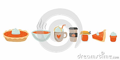 Pumpkin food set. Whole pie and slice, spice latte and soup, cupcake and jam. Autumn collection of pumpkins dishes. Colorful Vector Illustration
