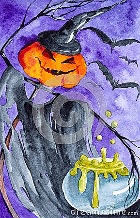 Pumpkin on Halloween brews a poisonous potion.In the background, flying bats. Watercolor illustration Cartoon Illustration