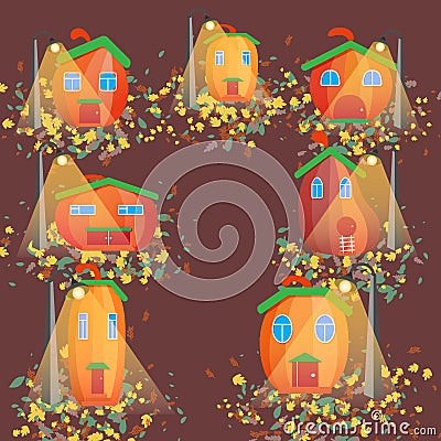 Pumpkin city in the autumn forest illustration Vector Illustration