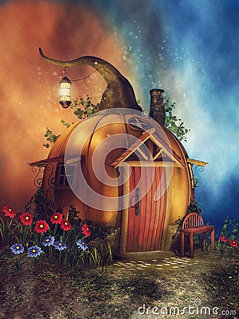 Pumpkin house with flowers Stock Photo