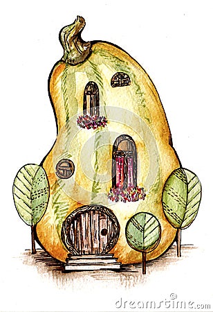 Pumpkin house watercolor illustration on white background Stock Photo