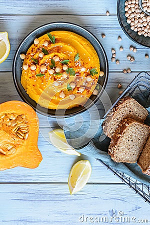 Pumpkin hummus with garlic, lemon and pepper Stock Photo