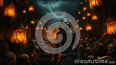 Pumpkin king under a dark and ominous sky, commanding an army of animated jack-o'-lanterns Stock Photo