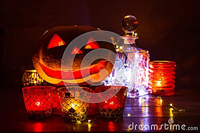 Pumpkin lantern for Halloween, Jack-lantern, night lamp for the holiday, candles, candlesticks, decorations and lights Stock Photo