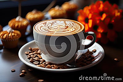 Pumpkin latte in glass cup. Cozy autumn beverage. Generative AI Stock Photo