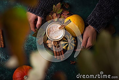 Pumpkin latte, hot autumn drink Stock Photo