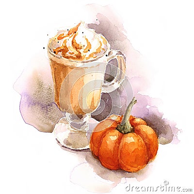 Pumpkin Latte Watercolor Coffee Illustration Hand Drawn Cartoon Illustration