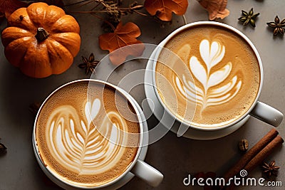 Pumpkin lattes with latte art top view with little pumpkins, generative AI Stock Photo