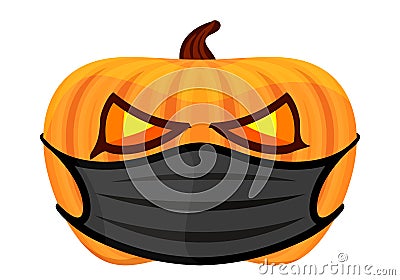 Pumpkin with medical mask for the holiday halloween, halloween pumpkin wear a black mask isolated on white, pumpkin wearing face Vector Illustration