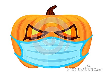 Pumpkin with medical mask for the holiday halloween, halloween pumpkin wear a blue mask isolated on white, pumpkin wearing face Vector Illustration