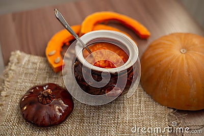 Pumpkin milk soup in a pot, close-up Stock Photo