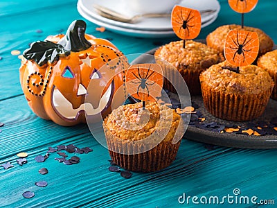 Pumpkin muffins for Halloween kids party Stock Photo