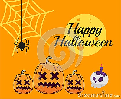 Pumpkin Orange Halloween Day 31 October Party Design with Bat Vector Illustration