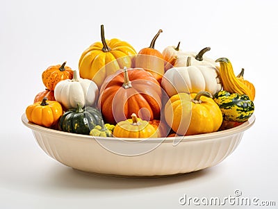 Pumpkin Palette: Vintage Ceramic Bowl with Multi-Colored Pumpkins on a Pure White Canvas Stock Photo