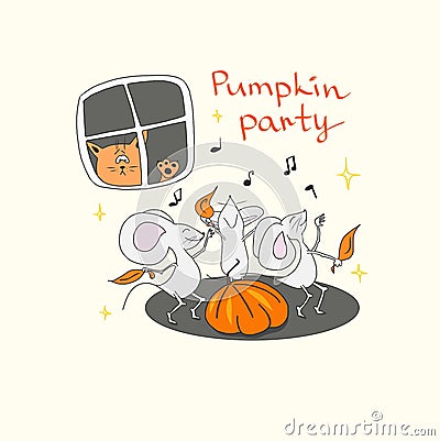 A pumpkin party of mice while a cat waits outside Cartoon Illustration