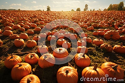 Pumpkin patch aerial view with rows of pumpkins Stock Photo