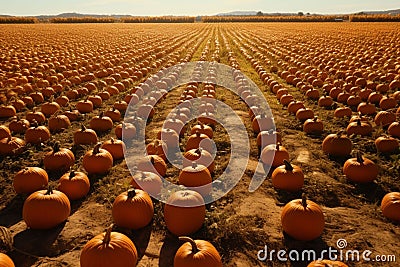 Pumpkin patch aerial view with rows of pumpkins Stock Photo