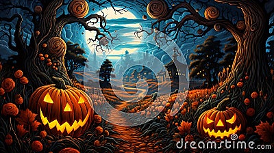 Pumpkin patch at twilight glowing pumpkins, autumn breeze, scarecrows, jack-o'-lantern magic Stock Photo