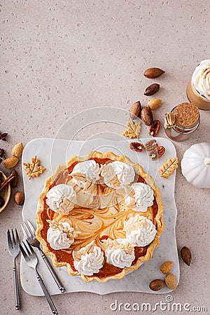 Pumpkin pie with cheesecake swirl for Thanksgiving Stock Photo