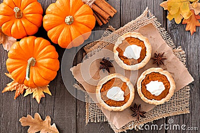 Pumpkin pie tarts, above table scene on rustic wood Stock Photo