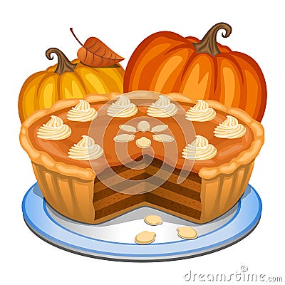 Pumpkin pie with white creme and orange pumpkin Vector Illustration