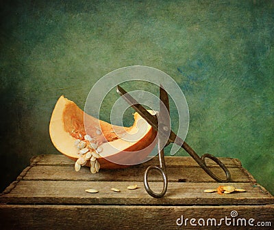 Pumpkin quarter with scissors Stock Photo