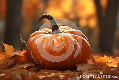 Pumpkin rests on a fallen leaves basking in the warm glow of autumn Stock Photo