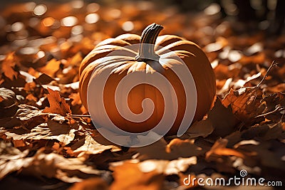 Pumpkin rests on a fallen leaves basking in the warm glow of autumn Stock Photo